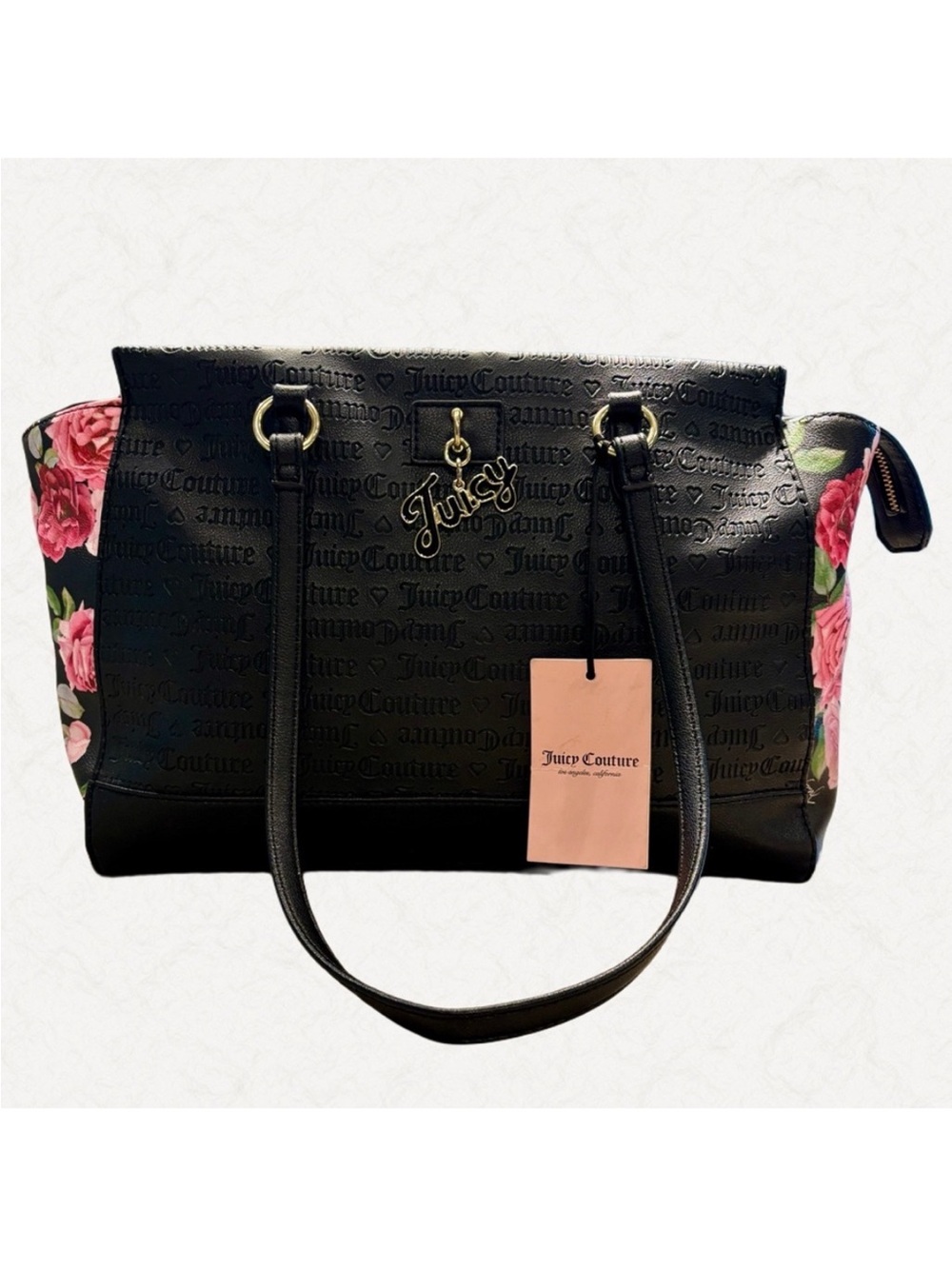 Juicy Couture Black Tote with Pink Rose Panels and Gold Logo Charm - Picture 2 of 12